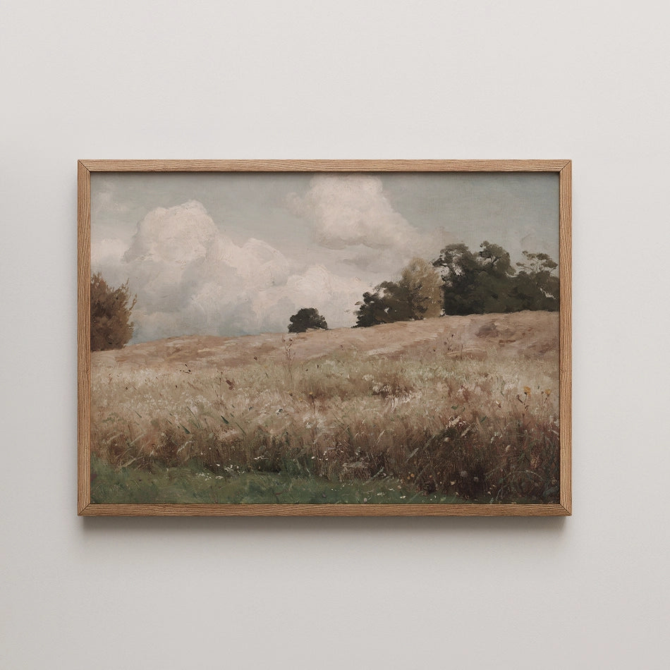 Framed landscape painting of a grassy field under a cloudy sky.