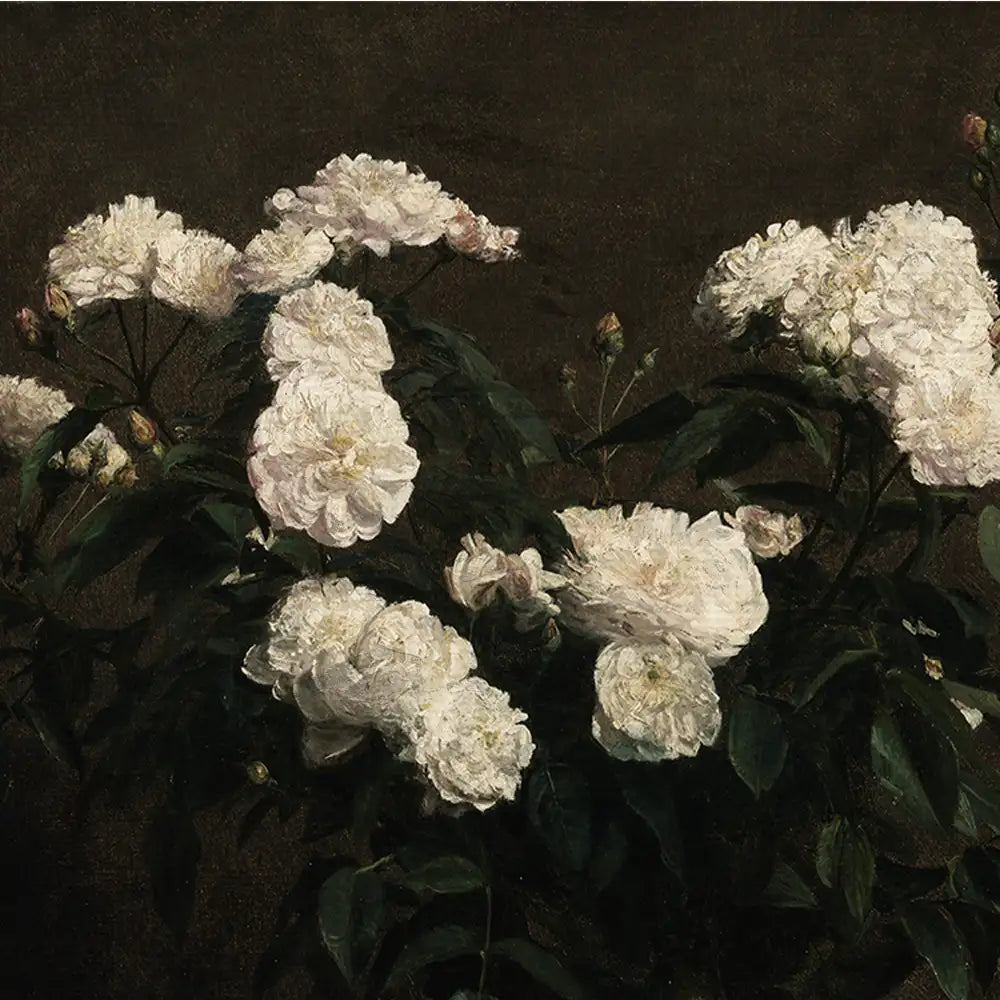 White peonies on a dark background, depicting intricate petals and lush green leaves in a floral painting.