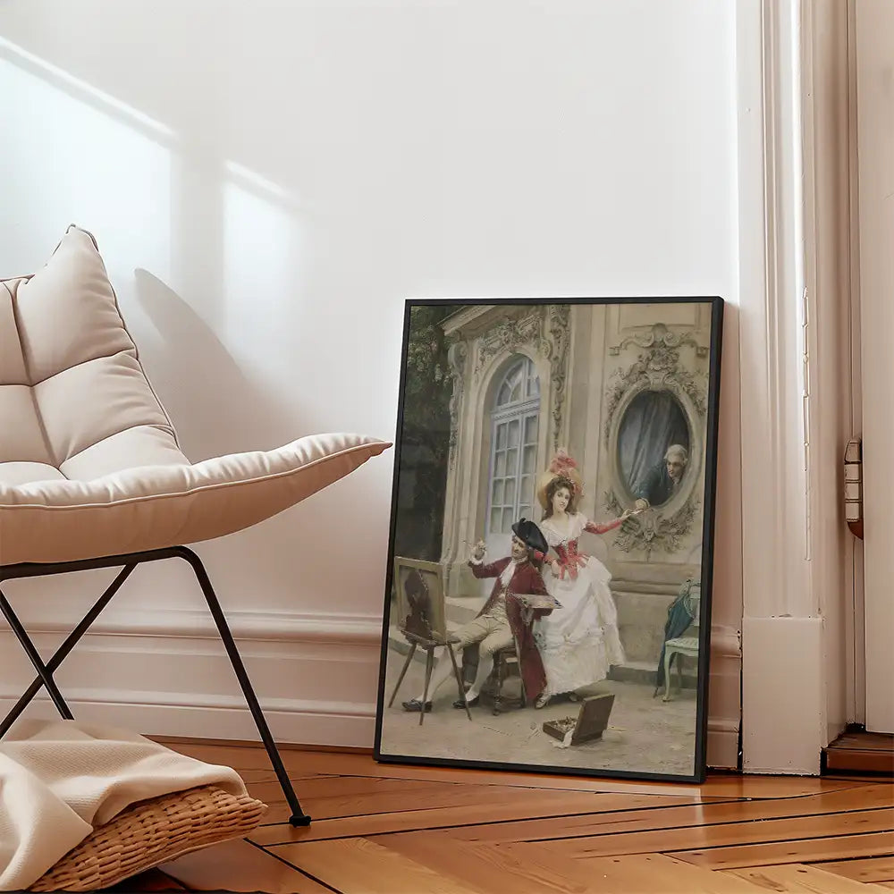 Framed painting of a woman in a white dress and a man in a red coat interacting in an artistic setting, leaning against a wall beside a modern chair.
