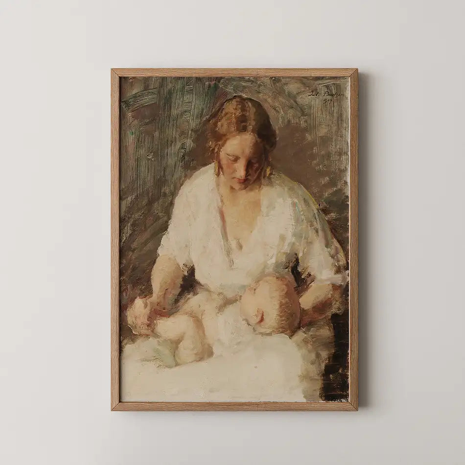 A framed painting of a mother tenderly holding her baby, featuring soft brush strokes and warm, muted colors.