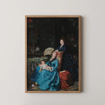 Painting of two women in elegant blue dresses, one seated with a fan and a baby, and the other reclining on a chair, surrounded by dark background and colorful decorative elements.