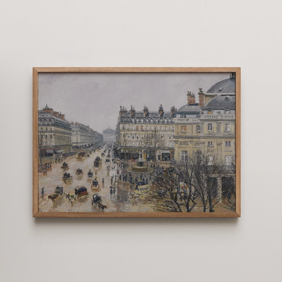 Framed painting of a bustling Paris street scene with horse-drawn carriages and historic buildings on a rainy day.
