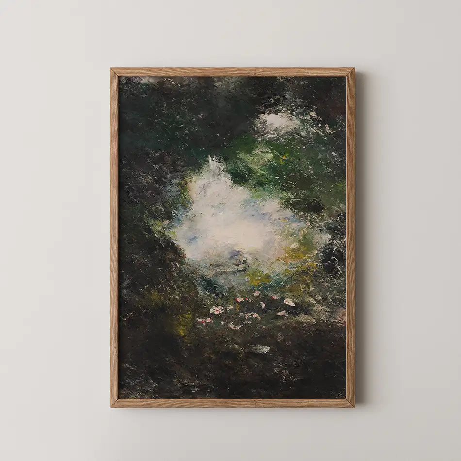 Abstract painting with dark tones and hints of green and white, displayed in a wooden frame on a white wall.
