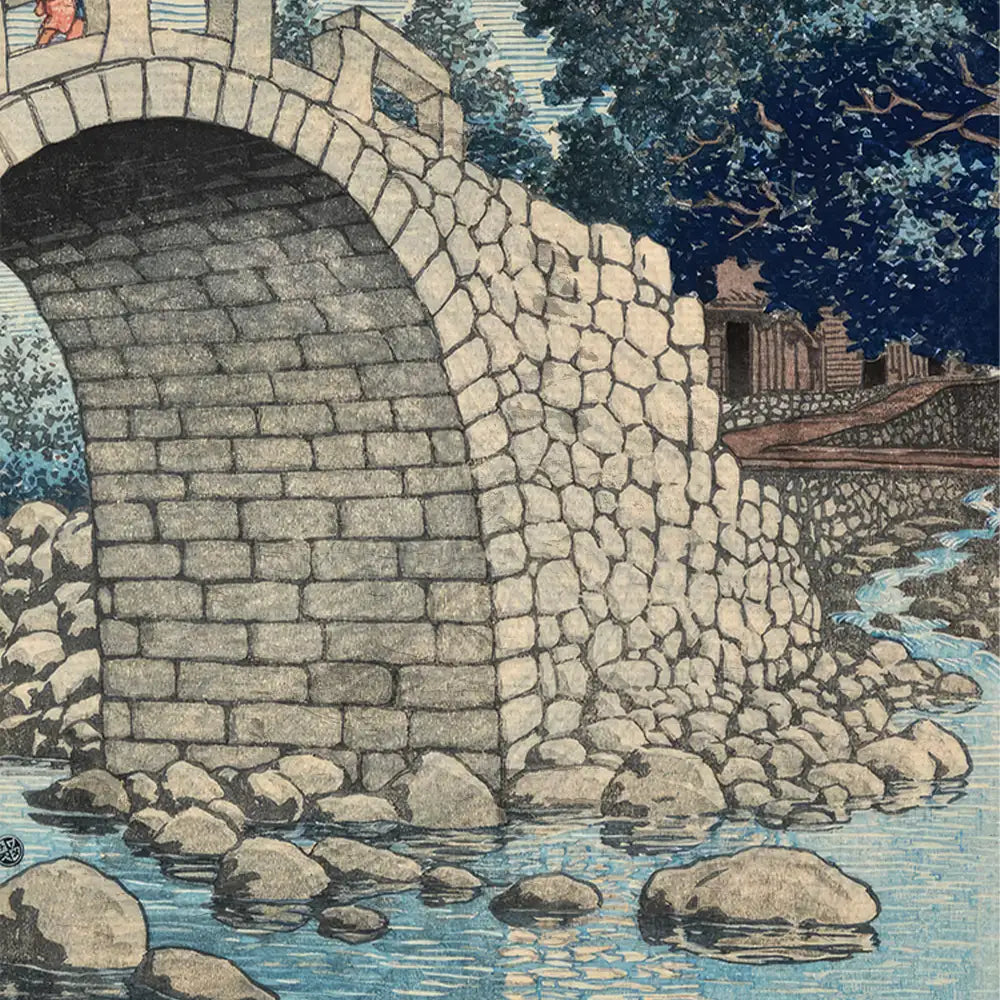 Stone bridge arching over a serene river, surrounded by lush trees and rocky banks, in an artistic illustration.
