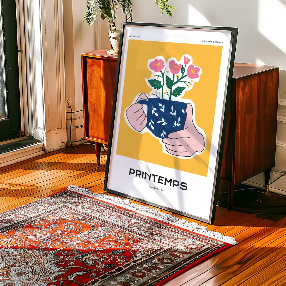 Modern poster featuring a colorful illustration of hands holding a flower pot, with a vibrant yellow background and the text "PRINTEMPS" displayed prominently.