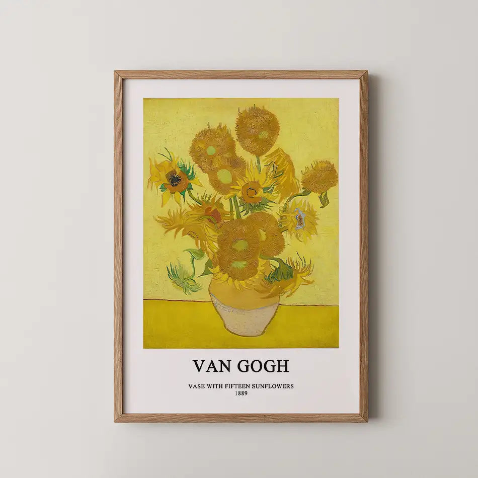 Framed poster of Van Gogh's "Vase with Fifteen Sunflowers" 1889, featuring vibrant sunflowers against a bright yellow background.