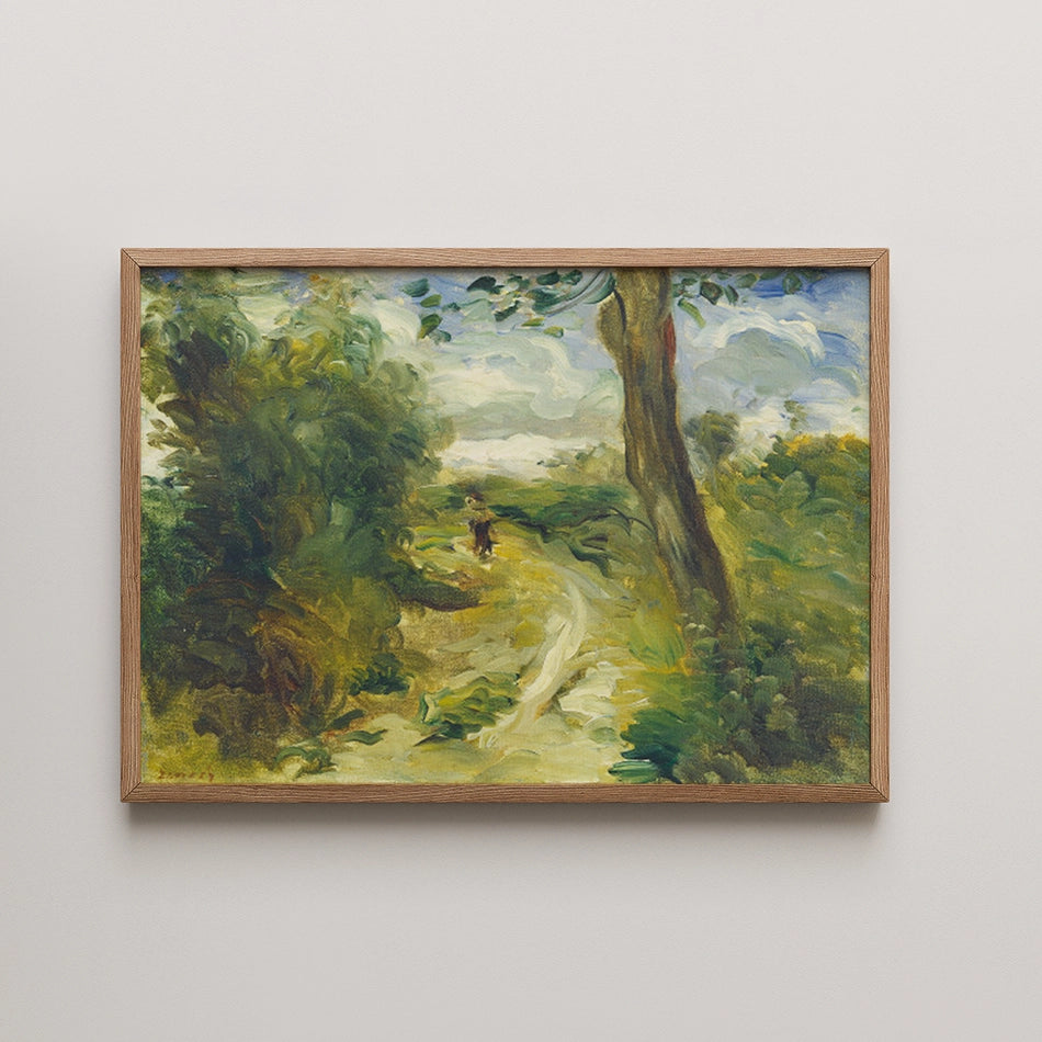 A vibrant landscape painting featuring a winding path through lush greenery and trees, framed in wood.