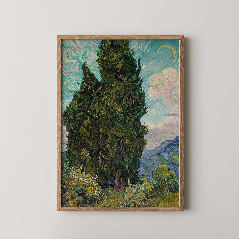 Framed painting of cypress trees against a swirling sky, featuring vibrant greens and blues.