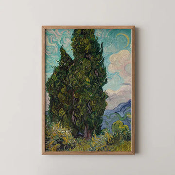 Framed painting of cypress trees against a swirling sky, featuring vibrant greens and blues.