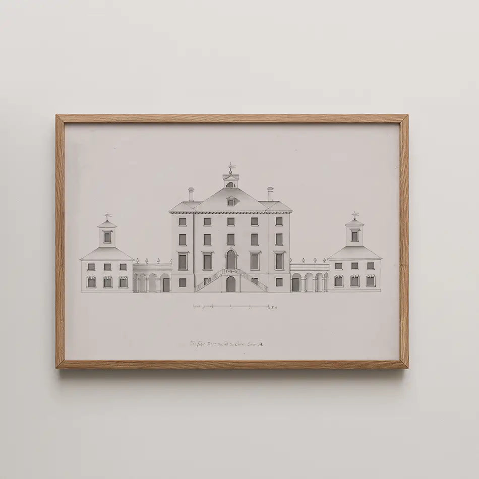 Framed architectural illustration of a classical building with stairway, domes, and decorative details on a neutral background.