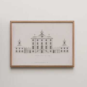 Framed architectural illustration of a classical building with stairway, domes, and decorative details on a neutral background.