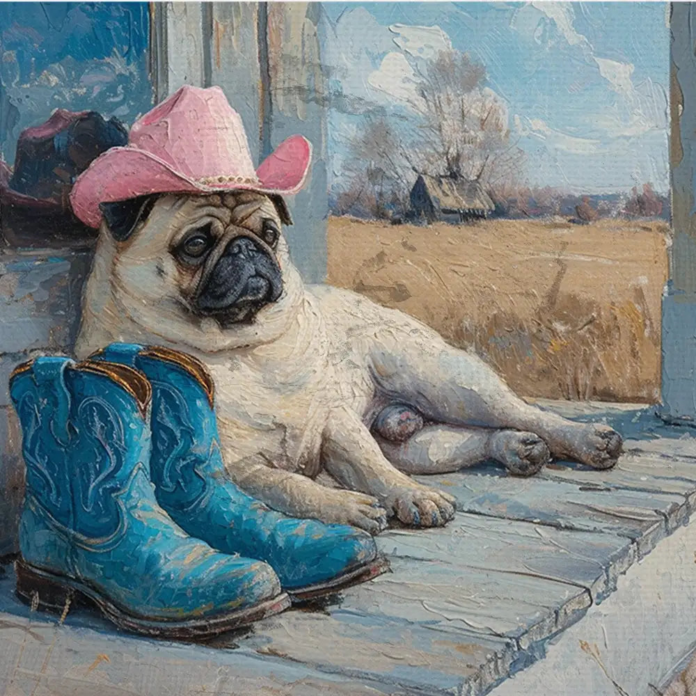 Cute pug wearing a pink cowboy hat resting beside blue cowboy boots on a porch, with a serene landscape in the background.