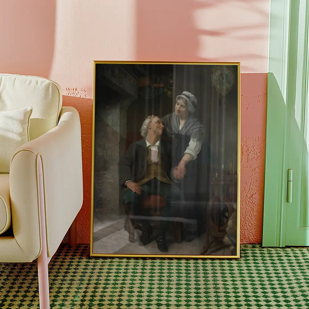 Framed painting of a man and woman sitting together, depicting an intimate moment, placed next to a light-colored modern sofa in a stylish interior setting.
