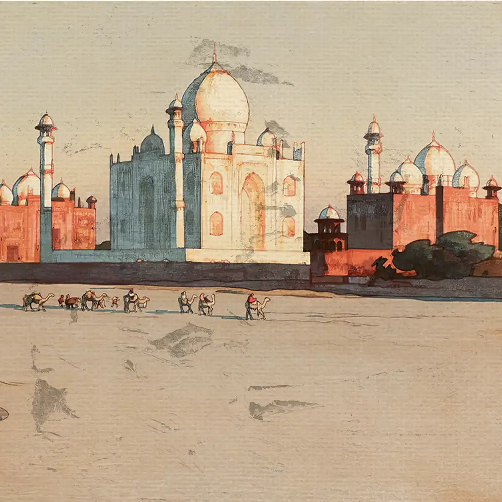 Watercolor painting of the Taj Mahal with camel caravans in the foreground and stylized architectural elements.