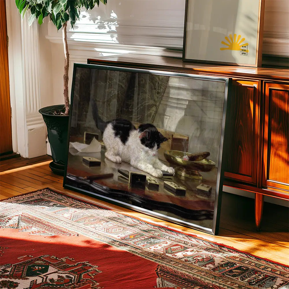 Painting featuring a black and white cat interacting with objects on a table, displayed in a stylish room with wooden furniture and a patterned rug.
