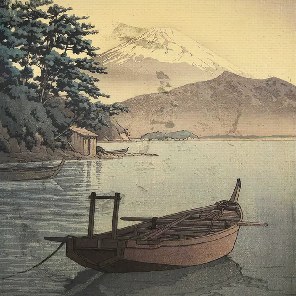 Painting featuring a tranquil scene of a traditional boat on calm waters with a mountain backdrop and trees along the shore.