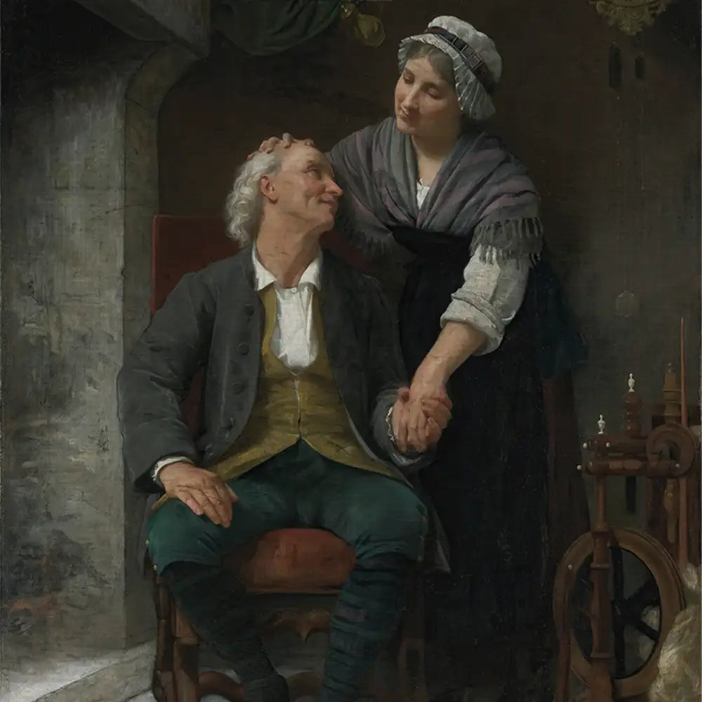 Painting of an elderly man seated in a chair, smiling at a woman who holds his hand and gently touches his head, with a spinning wheel in the background.