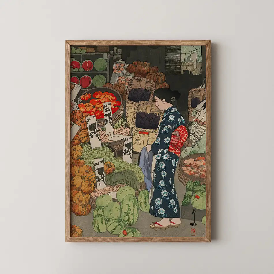 A vintage-style painting of a woman in a traditional kimono standing in a vibrant market filled with fruits and vegetables.