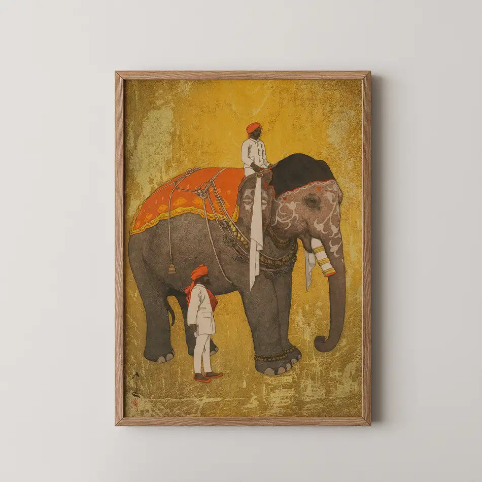 Artistic painting of an ornate elephant with a rider and handler against a warm yellow background, framed in wood.
