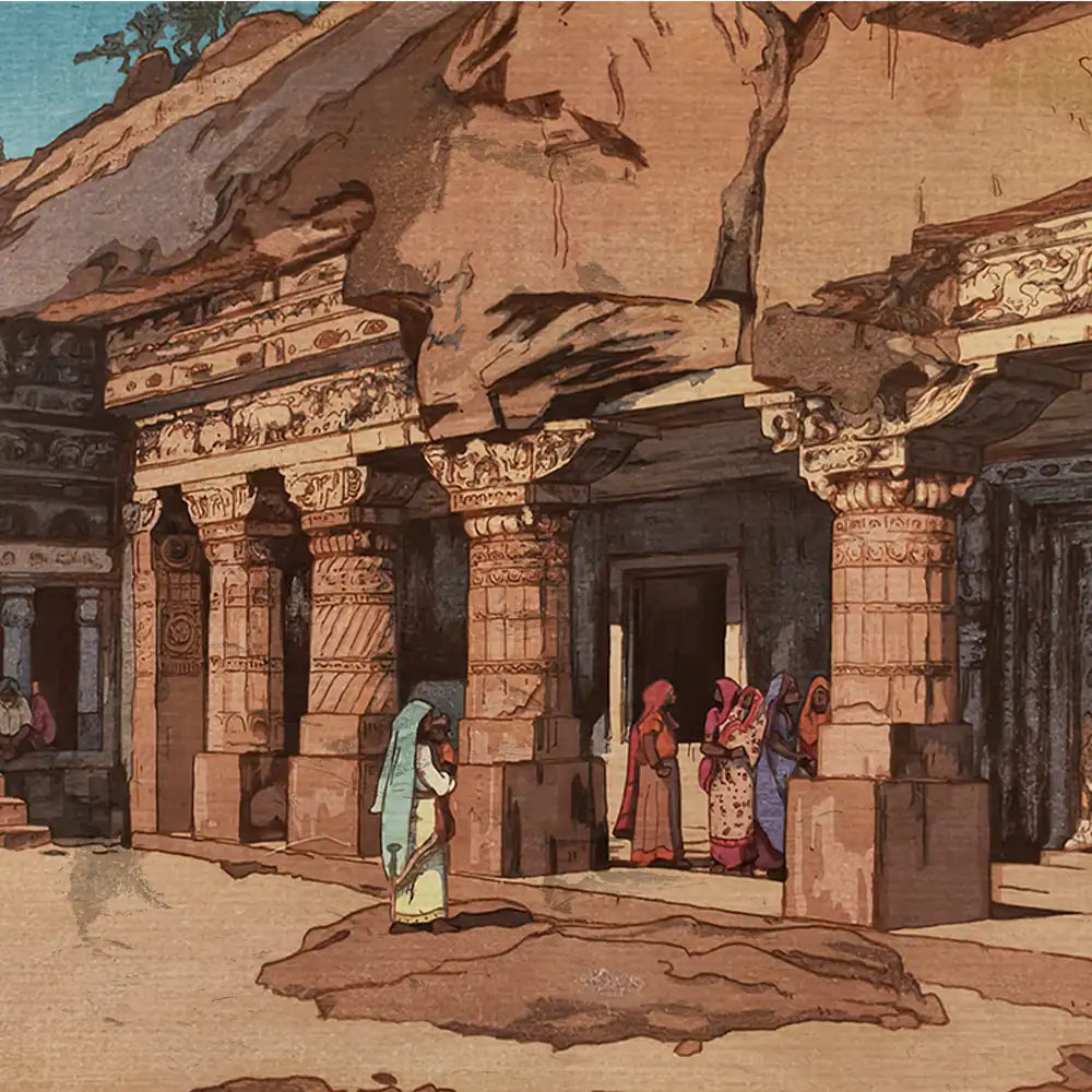 A vibrant painting depicting women in traditional attire near ancient rock-cut temples, showcasing intricate architecture and cultural heritage.