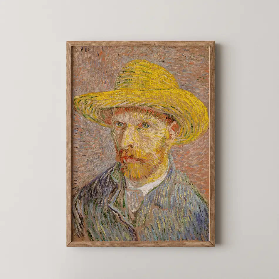 Portrait painting of a man with a yellow straw hat and red beard, framed in wooden border.