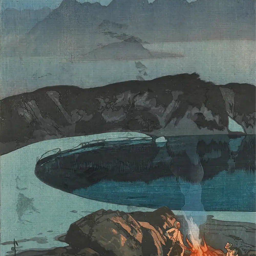 Landscape painting featuring a serene body of water surrounded by mountains, with a small campfire and rocks in the foreground.