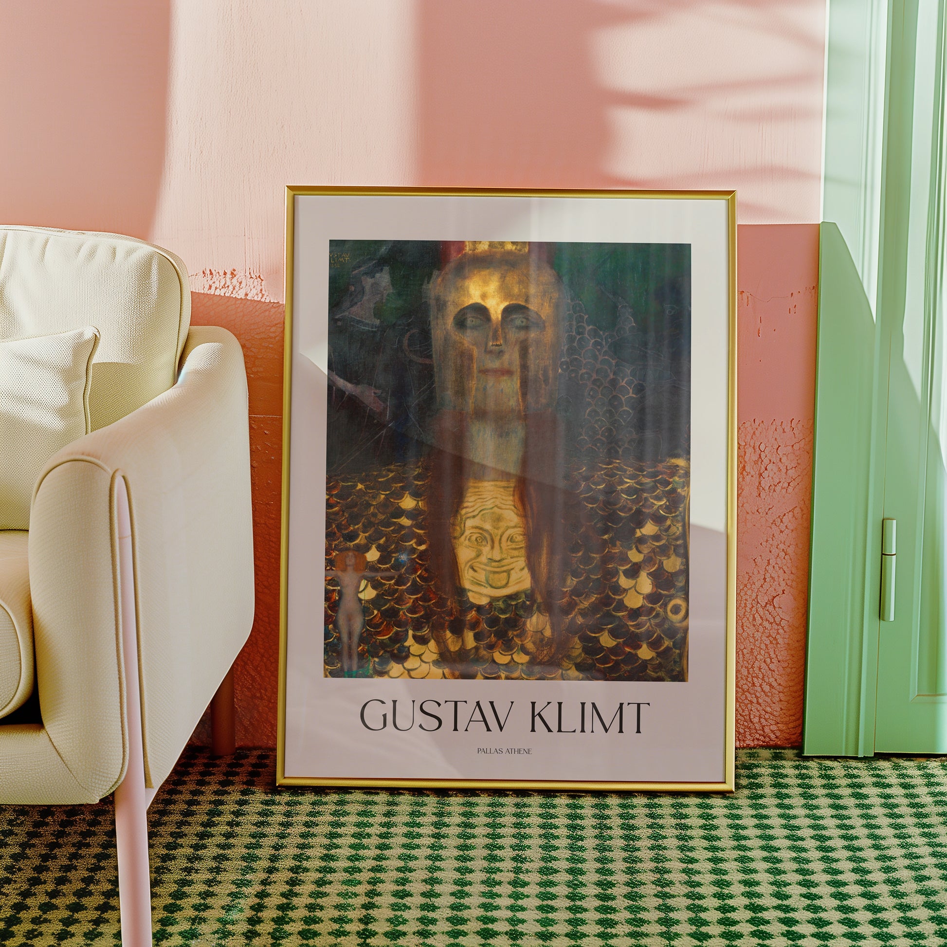 Framed painting poster of "Pallas Athene" by Gustav Klimt, leaning against a wall near a chair and green door.