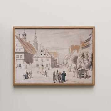 Framed painting depicting a historical street scene with people and buildings in soft colors.