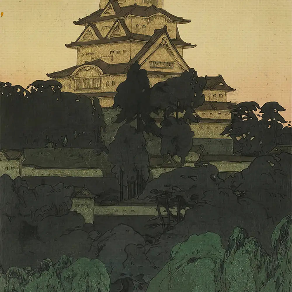 A traditional Japanese castle and surrounding landscape depicted in muted colors, featuring tall trees and gentle hills under a soft evening sky.