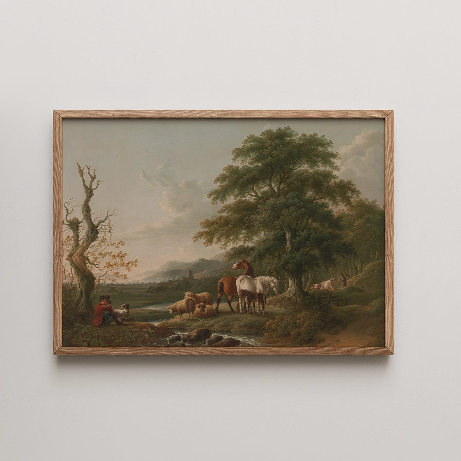 Landscape painting featuring a tranquil scene with horses, sheep, and a figure by a stream, framed in light wood.