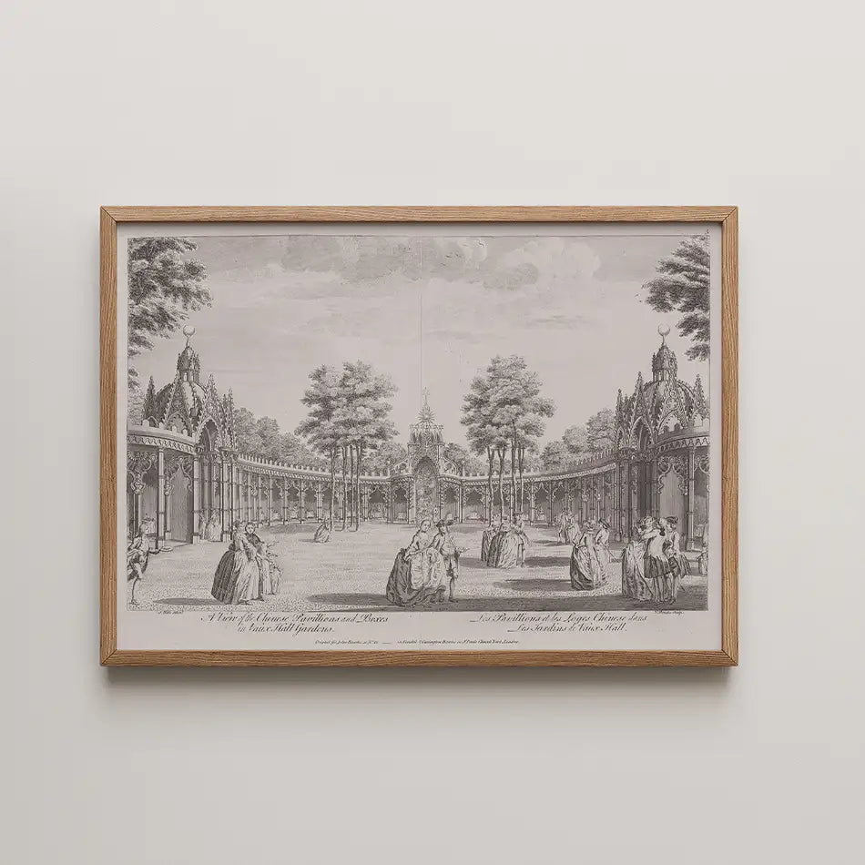 Historical print of a garden scene with people in period clothing, framed in wood.