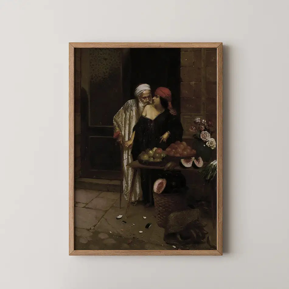 Painting of two figures interacting near a fruit stand, surrounded by various fruits and flowers in a rustic setting, framed in wood.