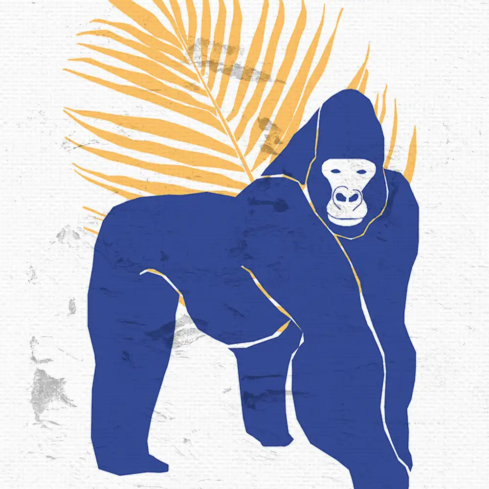 Modern art print featuring a blue gorilla against a textured background with a yellow palm leaf, perfect for animal lovers and contemporary decor.