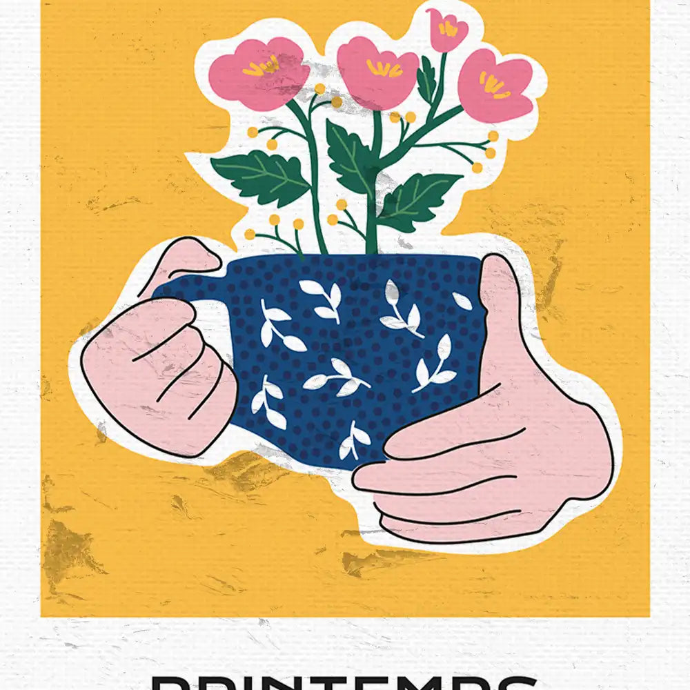 Modern poster of hands holding a blue pot with pink flowers on a vibrant yellow background, perfect for home decor and art enthusiasts.