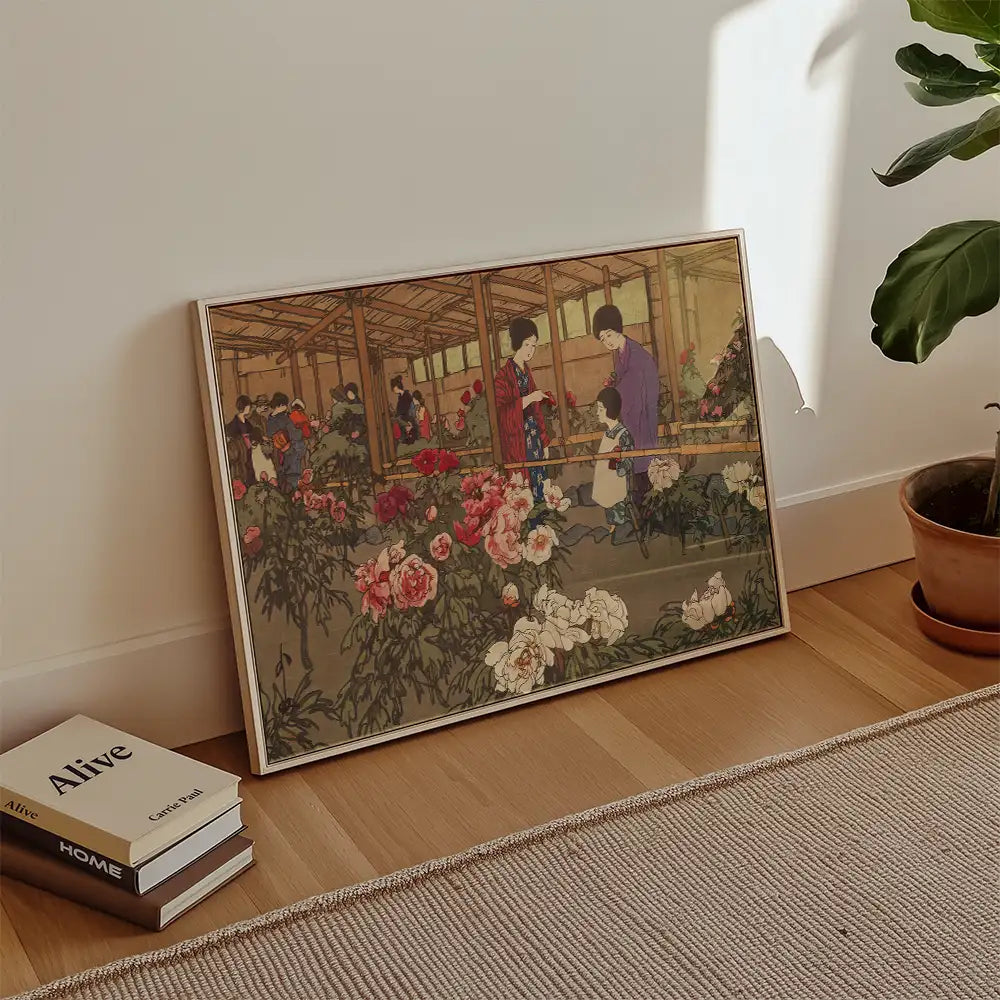 Framed painting depicting women and children in a flower market surrounded by vibrant peonies, set against a rustic wooden backdrop.
