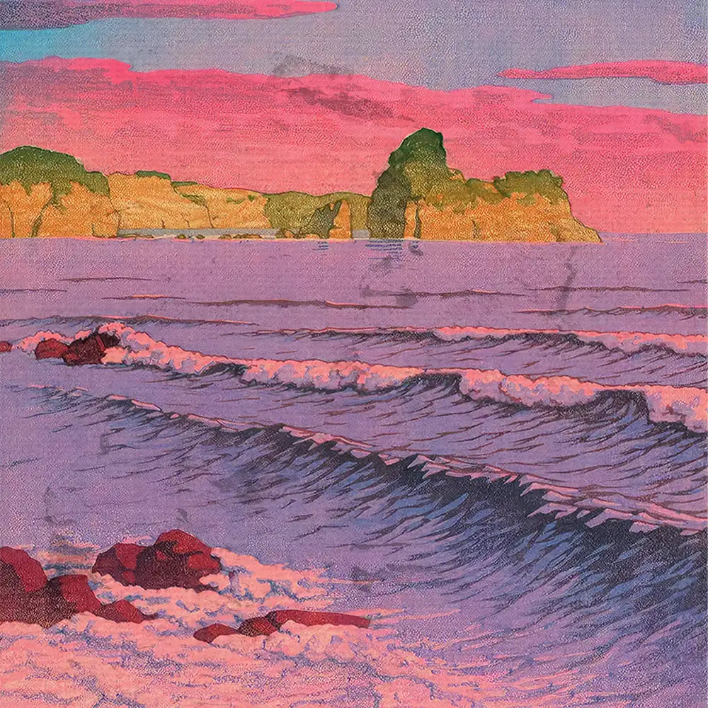 A colorful abstract seascape painting featuring waves, rocks, and cliffs under a twilight sky.