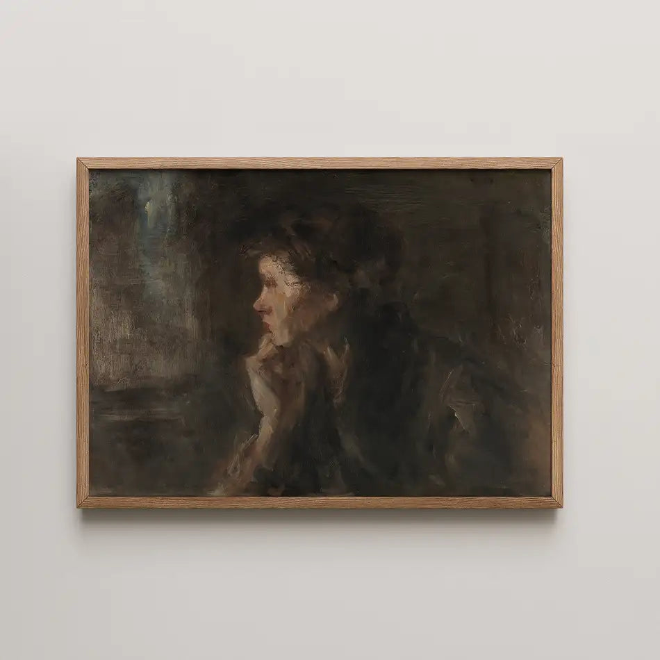 Portrait painting of a woman in profile, framed in a light wooden frame, featuring dark, muted colors.