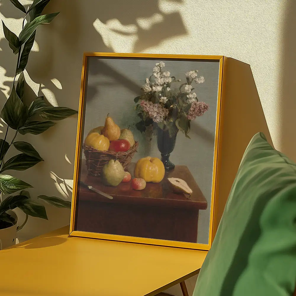 Framed painting of a still life with fruits and a vase of flowers on a wooden table against a yellow surface.
