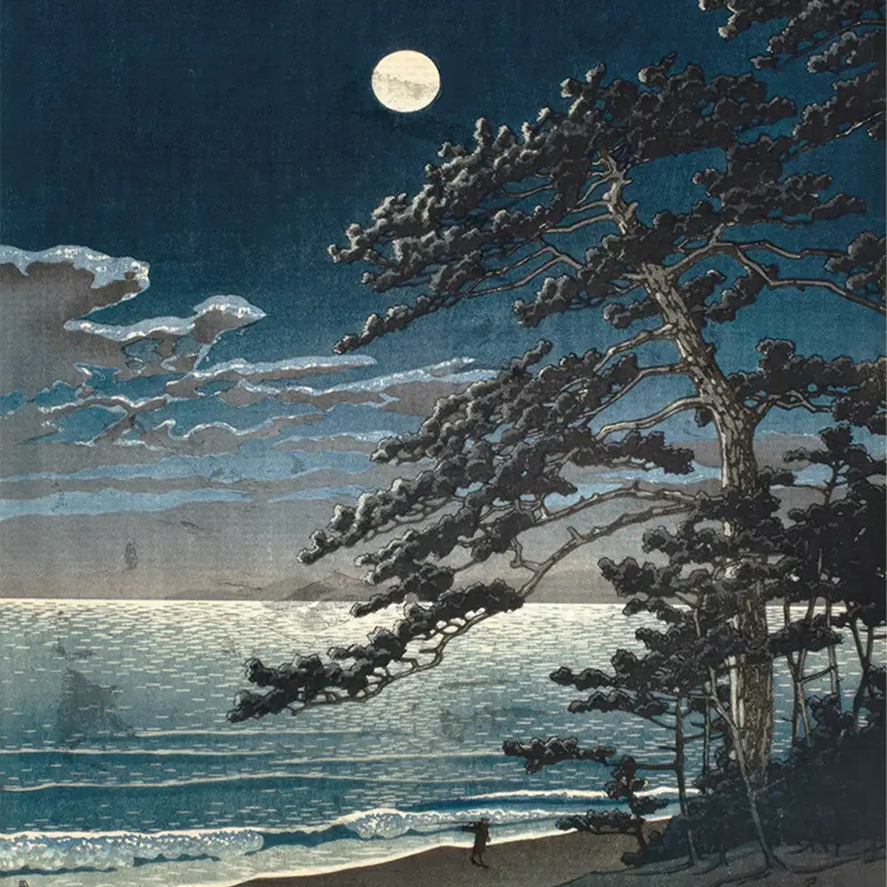 A serene night scene featuring a large tree silhouetted against a moonlit sky, with calm ocean waters reflecting the moonlight and a person walking along the beach.