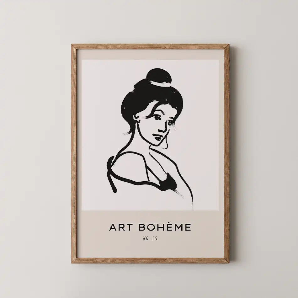 Abstract Frond chic silhouette art print from the Bohemian Collection featuring minimalist black line art of a graceful female figure with 'ART BOHÈME' typography, ideal for modern decor and bohemian aesthetics.