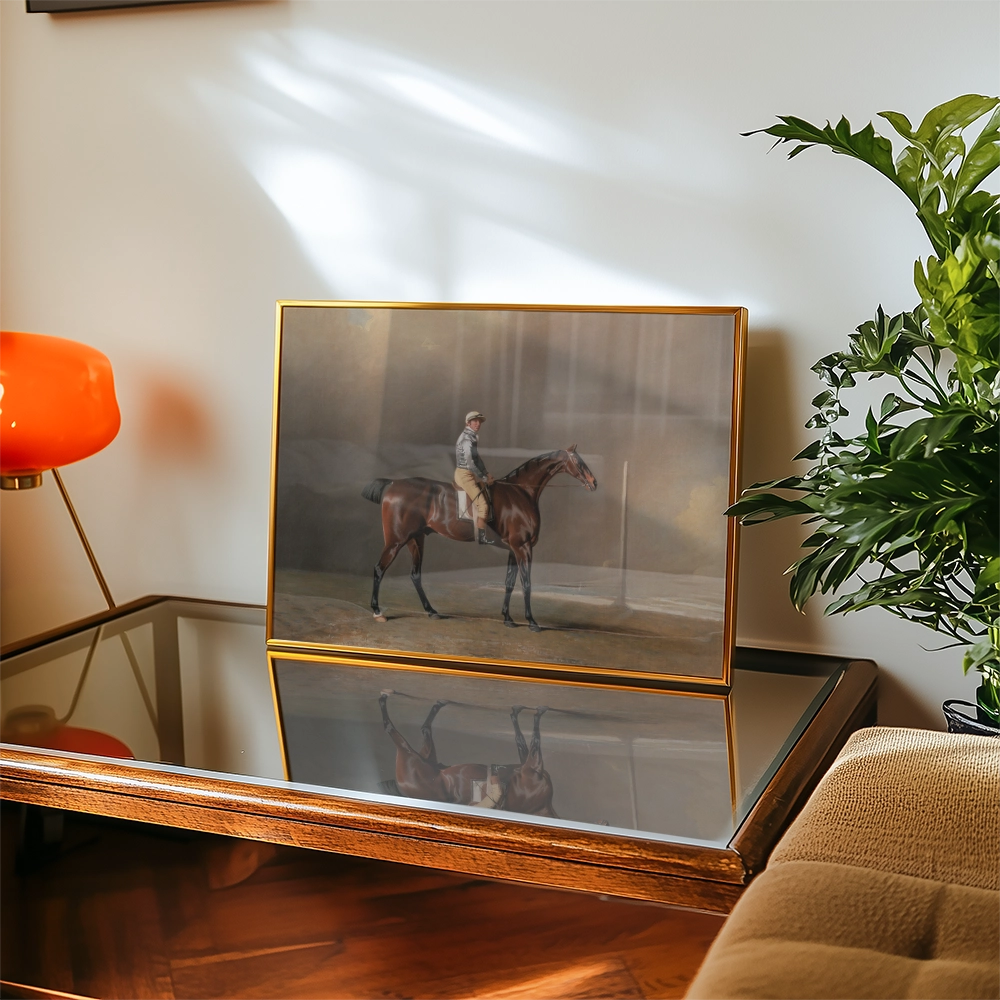 Painting of a horse and rider displayed in a gold frame on a wooden table, with a modern lamp and plant in the background.