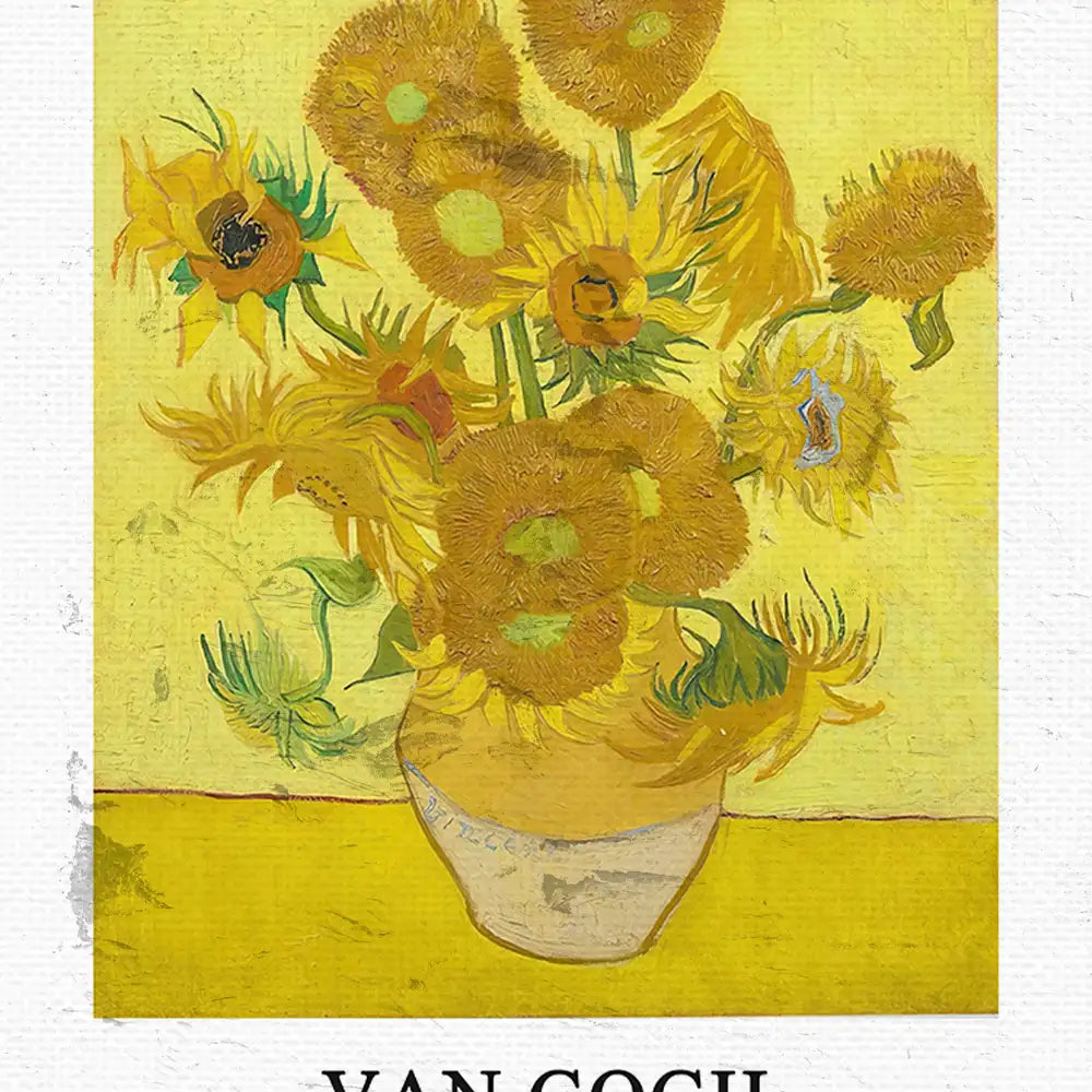 Still life painting of sunflowers in a vase against a yellow background, attributed to Van Gogh.