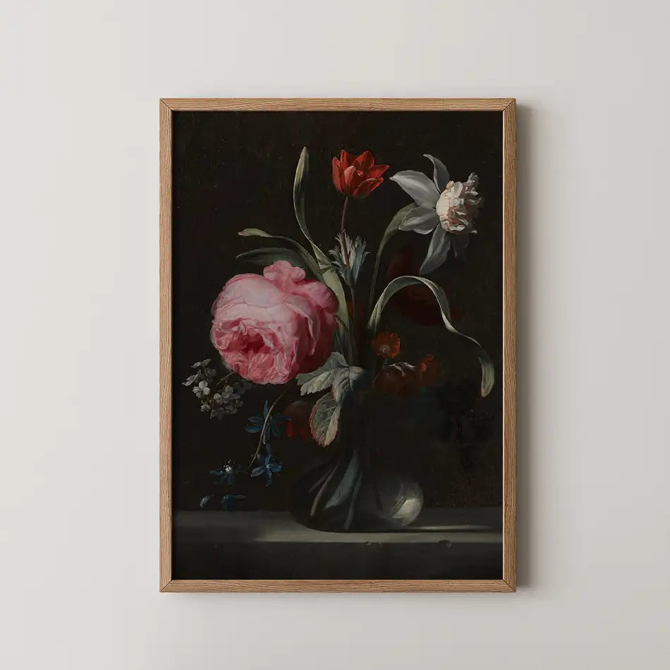 Floral painting in a wooden frame featuring various colorful flowers against a dark background