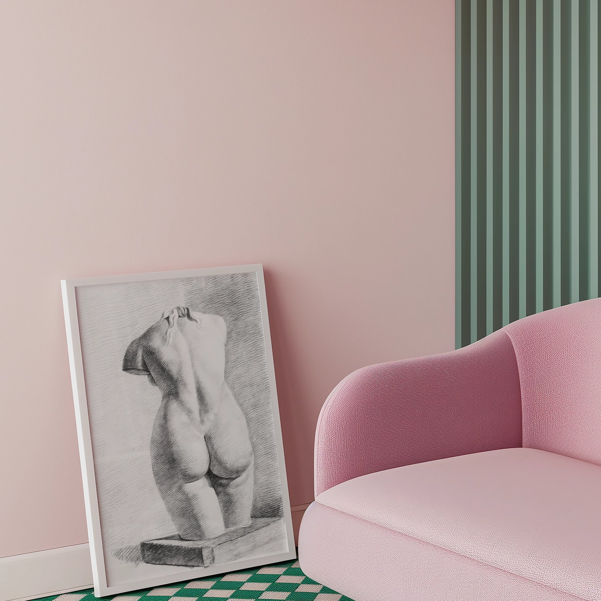 Black and white drawing of a classical torso sculpture, framed and leaning against a pink wall next to a pink sofa.