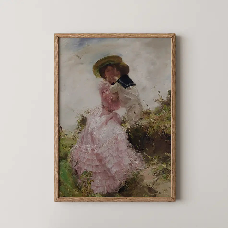 Vintage painting of a couple embracing in a natural setting, featuring a woman in a pink dress and a man in a sailor outfit, framed in wood.