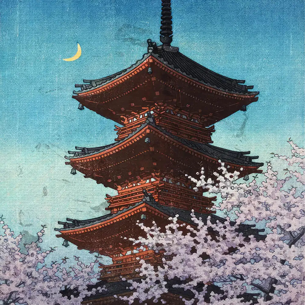 Traditional Japanese pagoda surrounded by cherry blossoms against a blue sky with a crescent moon.