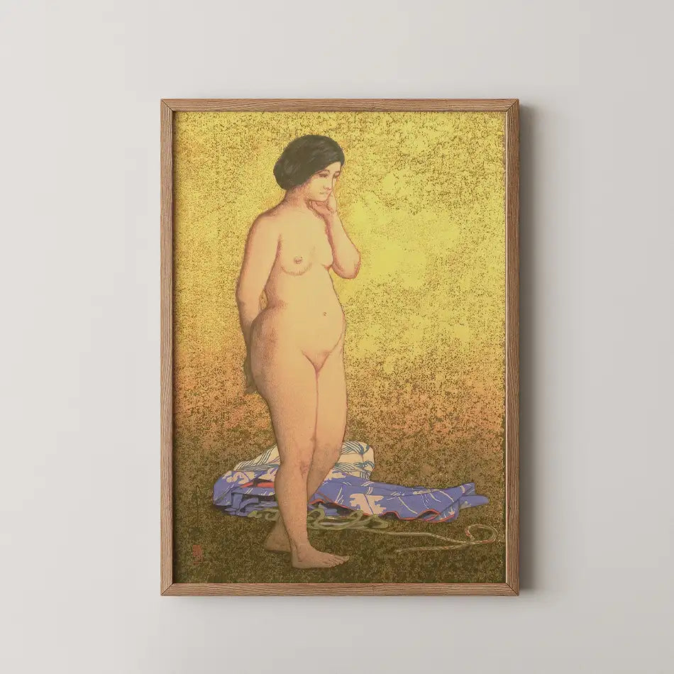 Nude woman standing with one hand on her chin in front of a gold background, framed in wood, with a blue patterned cloth at her feet.