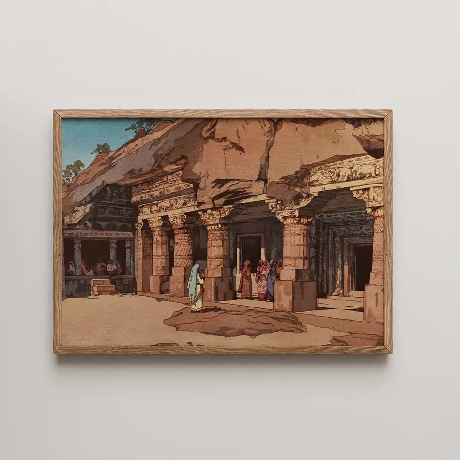Painting of an ancient temple with detailed columns and figures, framed in wood, showcasing a cultural scene.