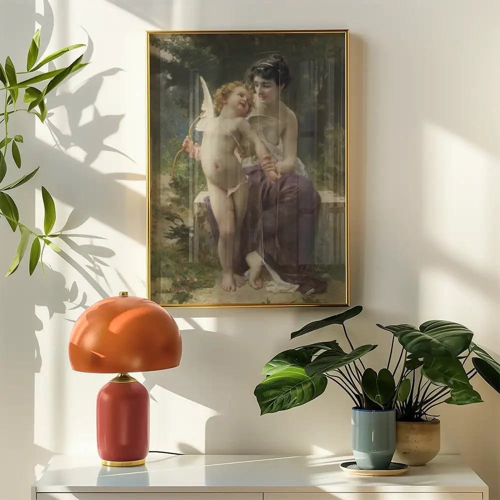 Painting of a woman and a child depicted in a classic style, framed with a gold border and displayed on a wall, accompanied by a modern lamp and indoor plants.