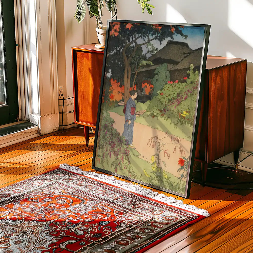 A framed painting of a person in traditional clothing walking through a garden, displayed in a sunlit room with wooden floors and a decorative rug.